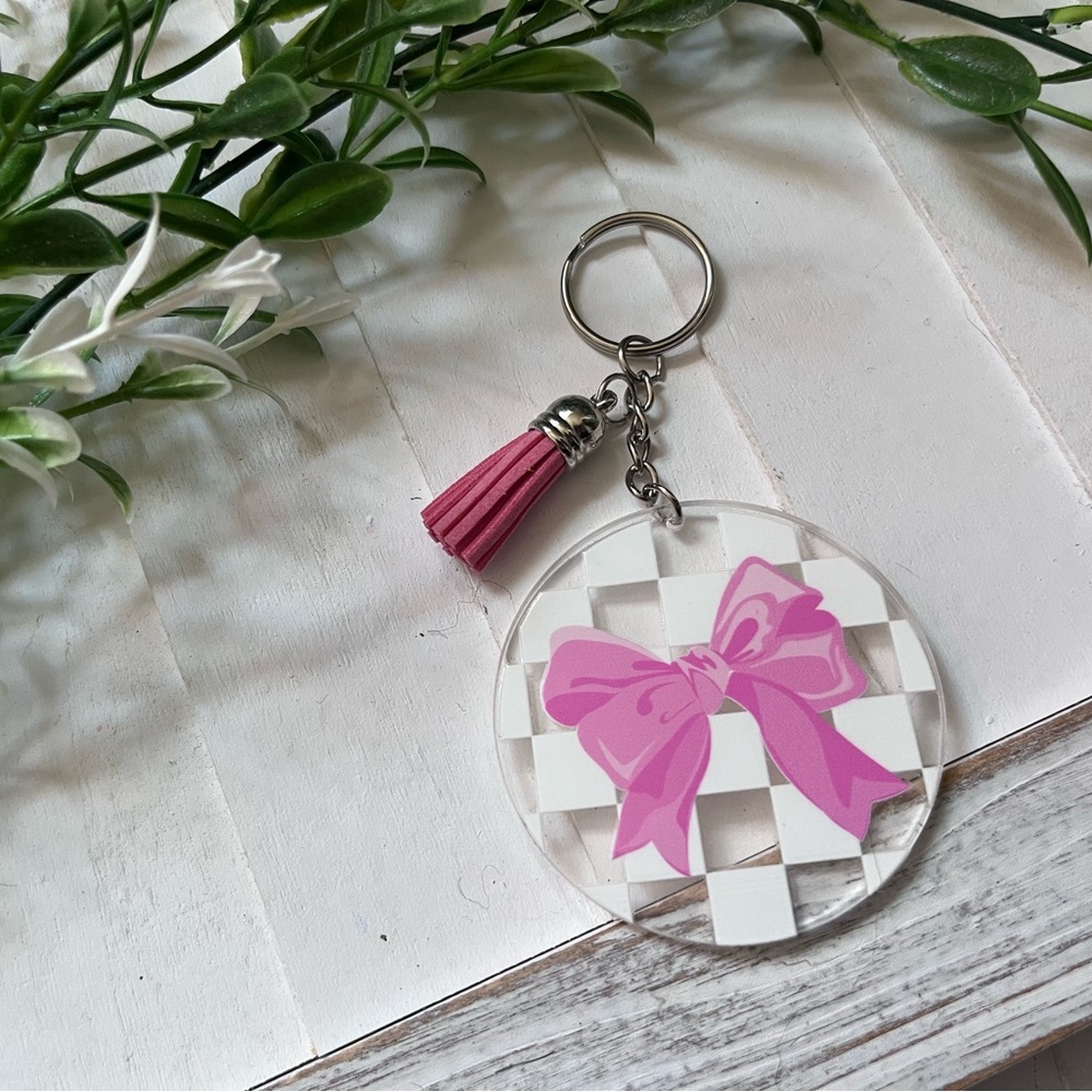 New Acrylic Checkerboard Keychain with Pink Bow and Tassel